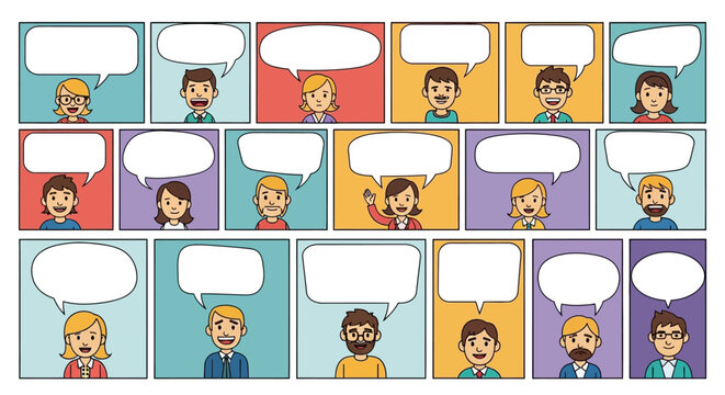 Dynamic storyboard featuring diverse characters with speech bubbles for comic creation - Powered by Adobe