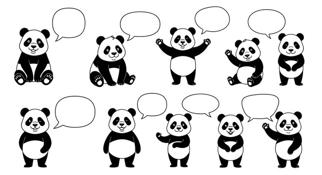 Animated panda characters in varying poses with conversation bubbles, vector illustration