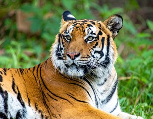 Bengal Tiger with Orange Fur and Black Stripes Resting in Jungle for Premium Animal Object and Wildlife Concept