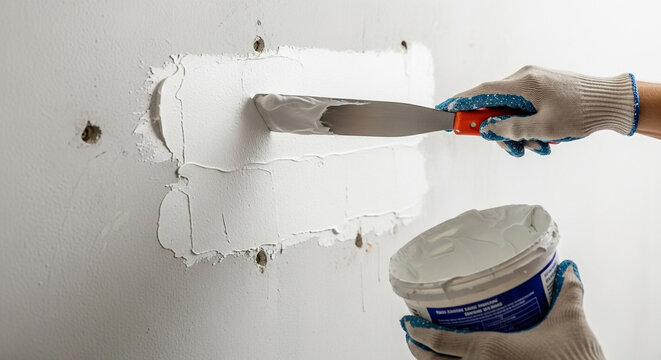 Skilled hands expertly patch wall imperfections with spackle and a putty knife, restoring smooth surfaces for a flawless finish.