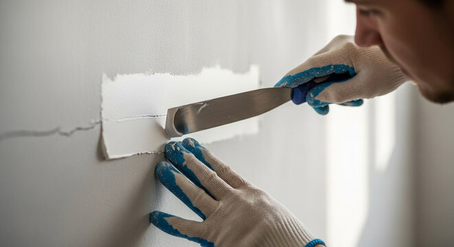 Skilled hands expertly repair wall crack with drywall compound using a trowel for a smooth finish in a modern home renovation project.