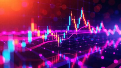 Financial market analysis with colorful candlestick charts.