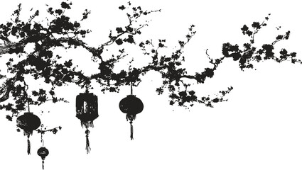 Black line art plum blossom branch with lanterns. Minimal and elegant oriental illustration for Lunar New Year and decorative use. © Oly