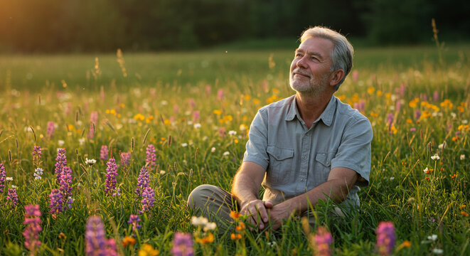 Serene older man finds peaceful contemplation in a vibrant meadow bathed in warm golden hour light, embracing nature's tranquility.