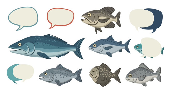 Illustration showcasing diverse fish species accompanied by empty speech bubbles for dialogue