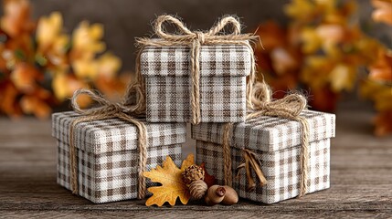 Rustic autumn gift boxes stacked together with natural twine ribbons and oak leaf ornament in warm gingham pattern cozy fall packaging concept for thanksgiving seasonal celebrations