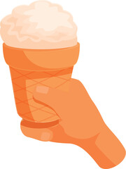 Hand holding a crispy waffle cone overflowing with creamy vanilla ice cream, a refreshing summer treat