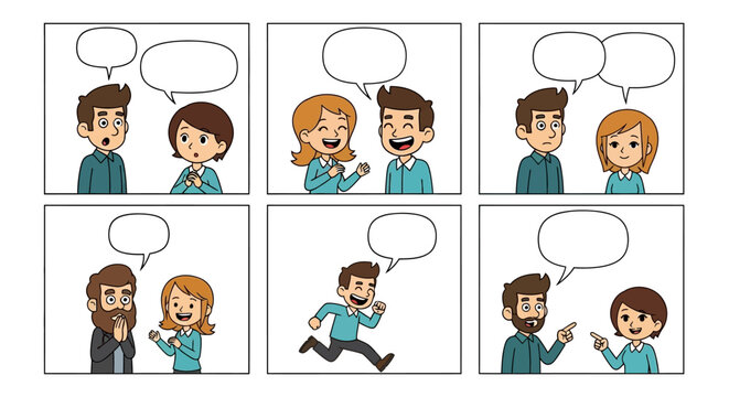 Sequential comic strip format with expressive characters and editable dialogue bubbles ready to