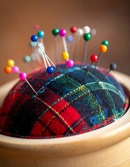 Colorful pins in a fabric pincushion
