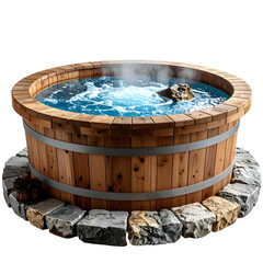Circular wooden hot tub with bubbling blue water and stone base