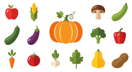 Colorful and diverse assortment of fresh vegetable icons arranged against a white background