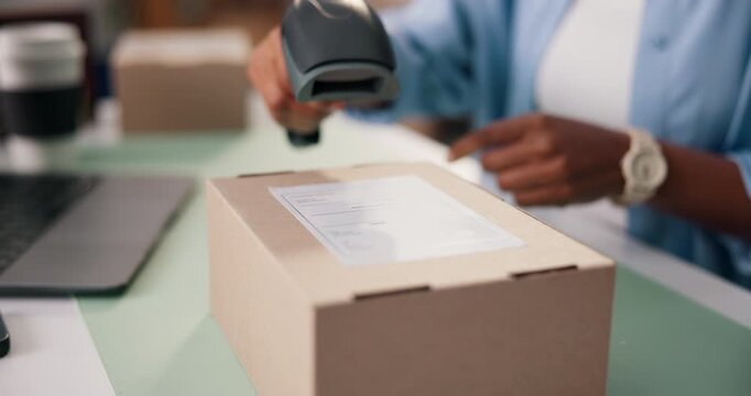 Hands, scanner and label for box at warehouse with ecommerce, inventory management and shipping. Person, cardboard package and tech for barcode with sticker, dropshipping or stock at delivery company