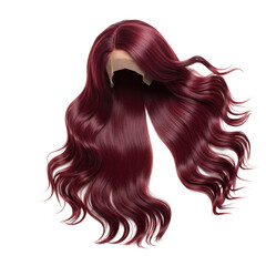 3D Realistic Dark Red Wavy Wig Isolated Transparent Background