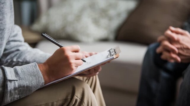Professional Counselor or Therapist Taking Notes on Clipboard During a Session