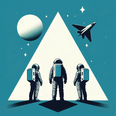 Three astronauts in spacesuits standing together as a team.
