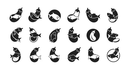 Collection of creative monochrome emblems showcasing eggplant and fish combinations as distinct
