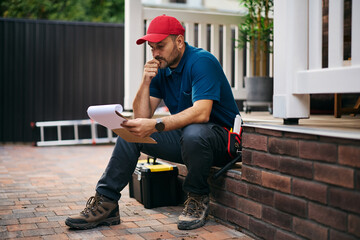 Pensive home repairman going through checklist while sitting on porch.
