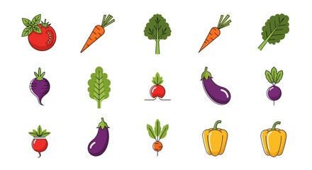 Minimalist vegetable icons arrangement showcasing various fresh produce designs and vibrant hues
