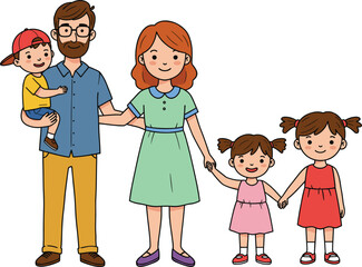 Happy family with parents and three children, smiling cartoon characters, family love, parenting concept, vector illustration