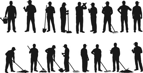 Gardening silhouettes, landscaping workers, outdoor maintenance, shovel, rake, broom, watering can, spring cleanup, garden tools, teamwork