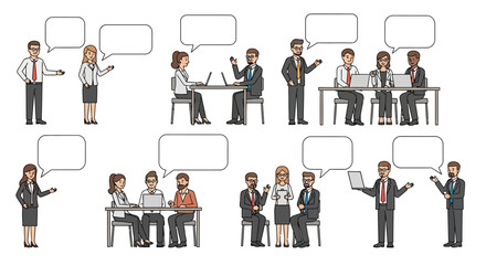 Business professionals in various meeting scenarios with speech bubbles for dialogue