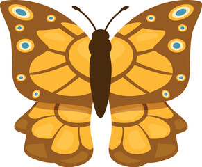 Yellow and brown butterfly with blue dots flying, spreading its wings and showing all its beauty