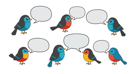 Animated birds engaging in social communication through speech bubbles in a playful illustration