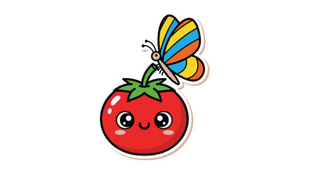 Delightful friendship of a happy tomato and a colorful butterfly with minimalist style cartoon