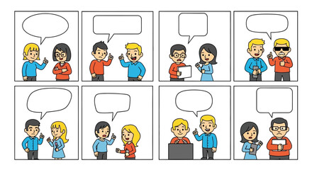 Comic strip layout depicting characters in conversation, using speech bubbles for creative