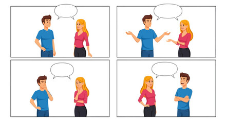 Visual storytelling a man and a woman in sequential comic panels expressing dialogue and emotions