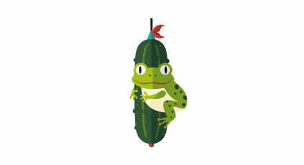 Humorous amphibian illustration showing a frog climbing a giant pickle with a flag