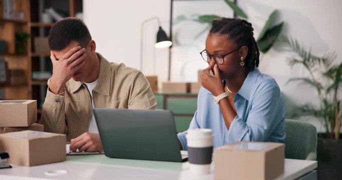People, reading and laptop with boxes at startup for bad news, order cancellation and delivery error. Disappointed, staff and pc for client refund, lost package and logistics mistake for distribution