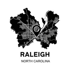 Elegant black and white map design of Raleigh North Carolina showcasing urban layouts