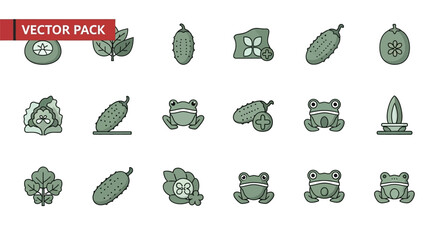 Illustrated icons pack featuring vegetables like cucumbers and cute frog characters in a