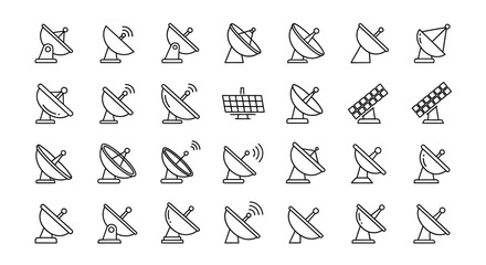 Communication network elements: collection of linear antenna and solar panels icons
