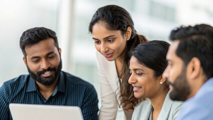 Fototapeta premium Diverse Indian office team discussing digital project — symbolizing creativity, leadership, and cooperation