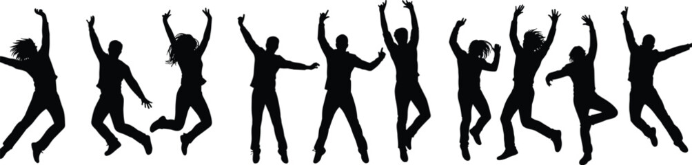 Jumping silhouettes, dancing figures, expressive poses, celebration, joy, motion, energy, freedom, vector illustration, black, white, action, movement