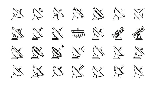 Communication network elements: collection of linear antenna and solar panels icons