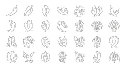 Line art illustrations showcasing chili peppers combined with dragon motifs for diverse design