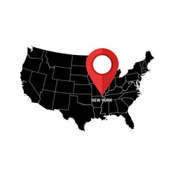 Detailed black outline map of the United States with New York location marker for travel