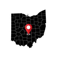 Minimalist map of Ohio with central location pin, emphasizing geography and regions of state