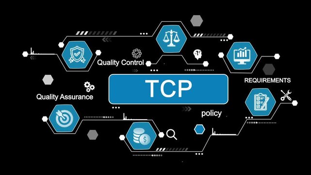 T C P concept diagram showing quality control assurance requirements policy financial management and data analysis with technology icons and network connections on black background