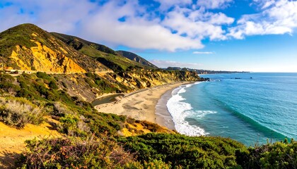 Scenic coastal drive with ocean waves and a sandy beach