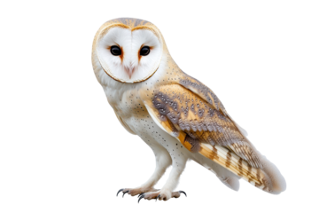 Close view of a barn owl displaying its distinct facial features and plumage isolated on a transparent background during a calm moment in daylight