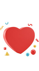 3D Red Heart Shape With Confetti And Geometric Shapes Isolated Transparent