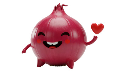 3D Red Onion Character Holding a Heart Isolated