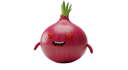 3D Red Onion with Heart Eyes and Open Mouth on Transparent Background