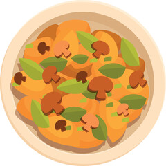 Savory dish featuring roasted potatoes, mushrooms, and fresh basil leaves, served on a round plate, representing a healthy and flavorful meal