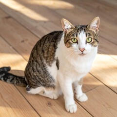 Beautiful Domestic Cat with Green Eyes Sitting on Wooden Floor in Natural Light for Pet Animal Object and Feline Concept
