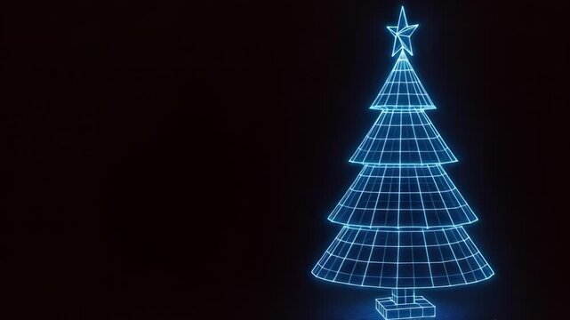 Glowing neon wireframe christmas tree on black background with wide copy space, blue grid lines and star topper, right aligned composition, minimal cyber style, concept of futuristic holiday greeting